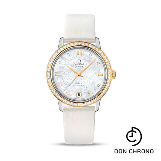 Omega De Ville Prestige Co-Axial Watch - 32.7 mm Steel Case - Diamond-Set Yellow Gold Bezel - Mother-Of-Pearl Diamond Dial - White Satin-Brushed Leather Strap - 424.27.33.20.55.002