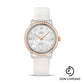 Omega De Ville Prestige Quartz Watch - 32.7 mm Steel Case - Diamond-Set Red Gold Bezel - Silver Diamond Dial - White Satin-Brushed Leather Strap - 424.27.33.60.52.001