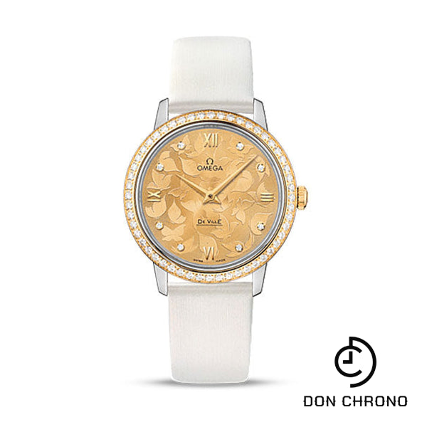 Omega De Ville Prestige Quartz Watch - 32.7 mm Steel Case - Diamond-Set Yellow Gold Bezel - Champagne Diamond Dial - White Satin-Brushed Leather Strap - 424.27.33.60.58.001