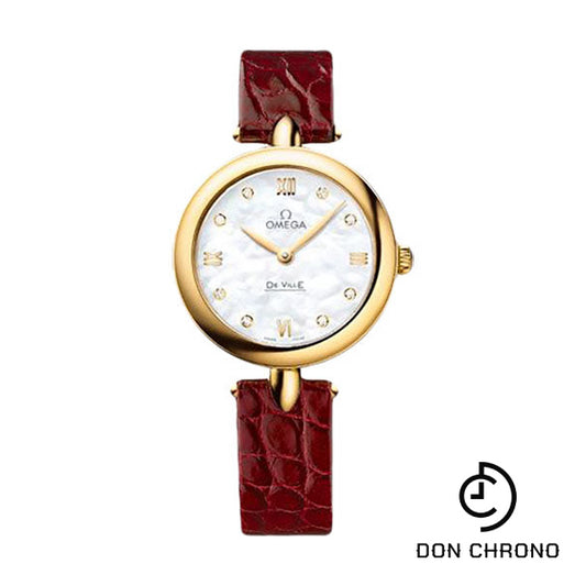 Omega De Ville Prestige Quartz Dewdrop Watch - 27.4 mm Yellow Gold Case - Mother-Of-Pearl Dial - Red Leather Strap - 424.53.27.60.55.001