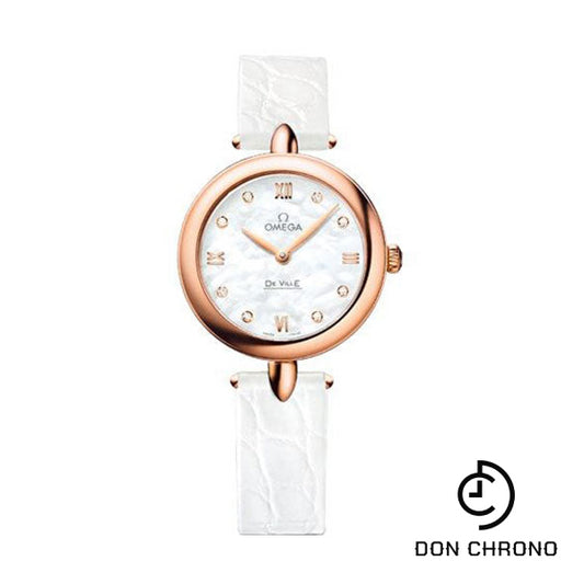 Omega De Ville Prestige Quartz Dewdrop Watch - 27.4 mm Red Gold Case - Mother-Of-Pearl Dial - White Leather Strap - 424.53.27.60.55.002