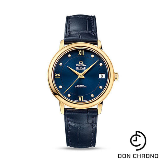 Omega De Ville Prestige Co-Axial Watch - 32.7 mm 18K Yellow Gold Case - Blue Diamond Dial - Blue Leather Strap - 424.53.33.20.53.002