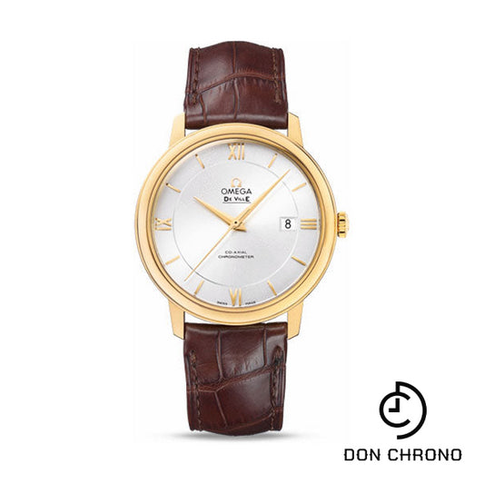 Omega De Ville Prestige Co-Axial Watch - 39.5 mm Yellow Gold Case - Silver Dial - Brown Leather Strap - 424.53.40.20.02.002