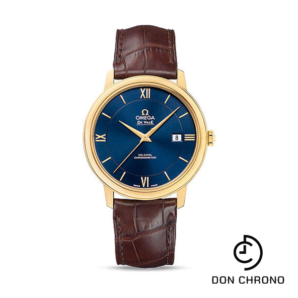 Omega De Ville Prestige Co-Axial Watch - 39.5 mm Yellow Gold Case - Blue Dial - Brown Leather Strap - 424.53.40.20.03.001