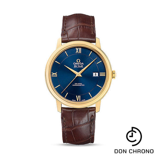 Omega De Ville Prestige Co-Axial Watch - 39.5 mm Yellow Gold Case - Blue Dial - Brown Leather Strap - 424.53.40.20.03.001