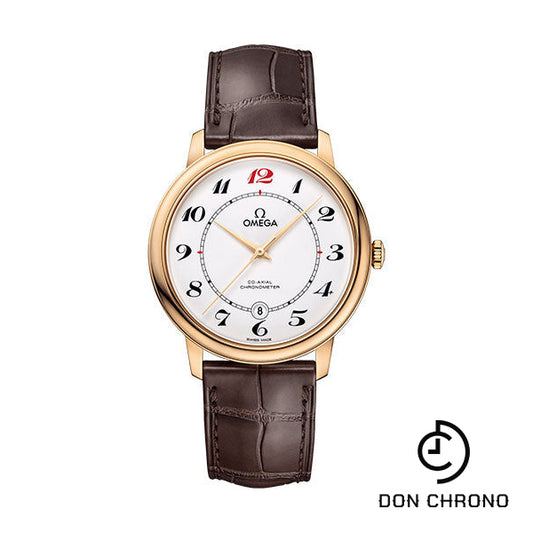 Omega De Ville Prestige Co-Axial De Ville 50th anniversary Watch - 39.5 mm Yellow Gold Case - White Enamel Dial - Brown Leather Strap - 424.53.40.20.04.005