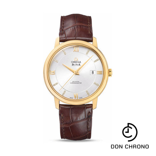 Omega De Ville Prestige Co-Axial Watch - 39.5 mm Yellow Gold Case - Silver Diamond Dial - Brown Leather Strap - 424.53.40.20.52.001