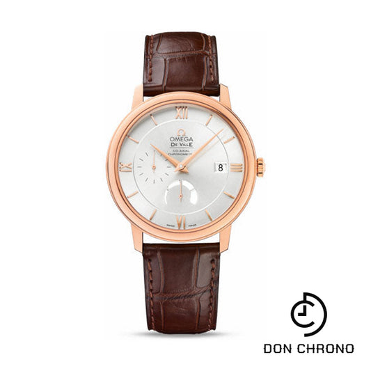 Omega De Ville Prestige Power Reserver Co-Axial Watch - 39.5 mm Red Gold Case - Silver Dial - Brown Leather Strap - 424.53.40.21.02.001