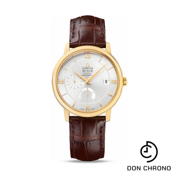 Omega De Ville Prestige Power Reserver Co-Axial Watch - 39.5 mm Yellow Gold Case - Silver Dial - Brown Leather Strap - 424.53.40.21.02.002