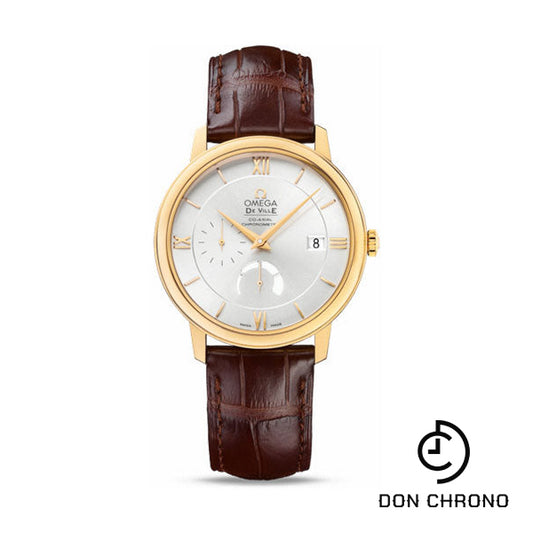 Omega De Ville Prestige Power Reserver Co-Axial Watch - 39.5 mm Yellow Gold Case - Silver Dial - Brown Leather Strap - 424.53.40.21.02.002