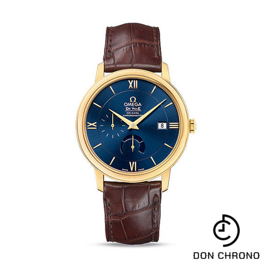 Omega De Ville Prestige Power Reserver Co-Axial Watch - 39.5 mm Yellow Gold Case - Blue Dial - Brown Leather Strap - 424.53.40.21.03.001