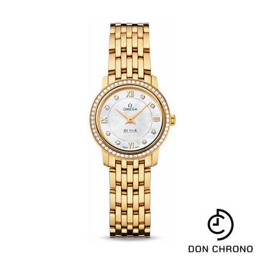 Omega De Ville Prestige Quartz Watch - 24.4 mm Yellow Gold Case - Diamond Bezel - Mother-Of-Pearl Diamond Dial - 424.55.24.60.55.001