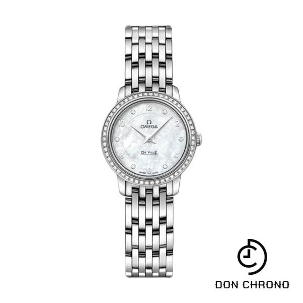 Omega De Ville Prestige Quartz Watch - 24.4 mm White Gold Case - Diamond Bezel - Mother-Of-Pearl Diamond Dial - 424.55.24.60.55.003