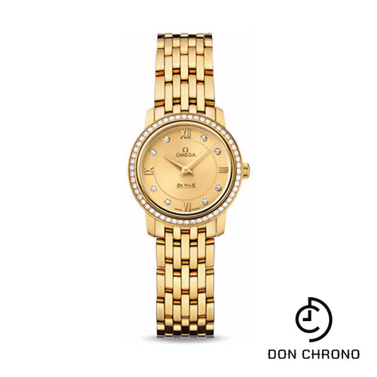 Omega De Ville Prestige Quartz Watch - 24.4 mm Yellow Gold Case - Diamond Bezel - Champagne Diamond Dial - 424.55.24.60.58.001