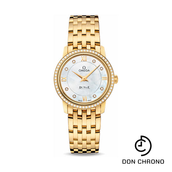 Omega De Ville Prestige Quartz Watch - 27.4 mm Yellow Gold Case - Diamond Bezel - Mother-Of-Pearl Diamond Dial - 424.55.27.60.55.001