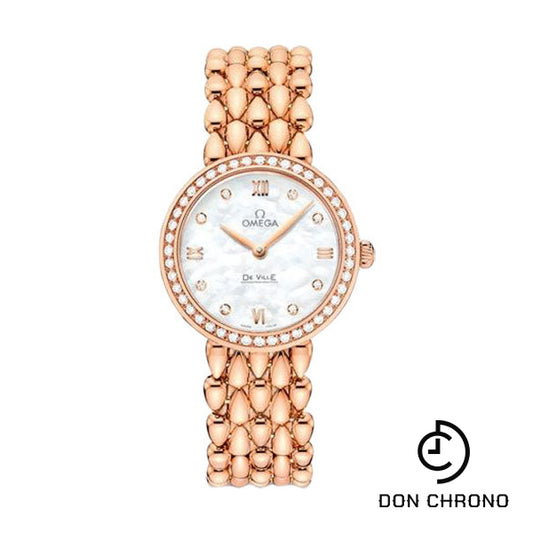 Omega De Ville Prestige Quartz Dewdrop Watch - 27.4 mm Red Gold Case - Radiant Diamond-Set Bezel - Mother-Of-Pearl Dial - 424.55.27.60.55.004