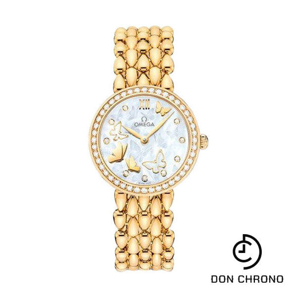 Omega De Ville Prestige Quartz Dewdrop Watch - 27.4 mm Yellow Gold Case - Delicate Diamond-Set Bezel - Red Gold Dial - 424.55.27.60.55.005