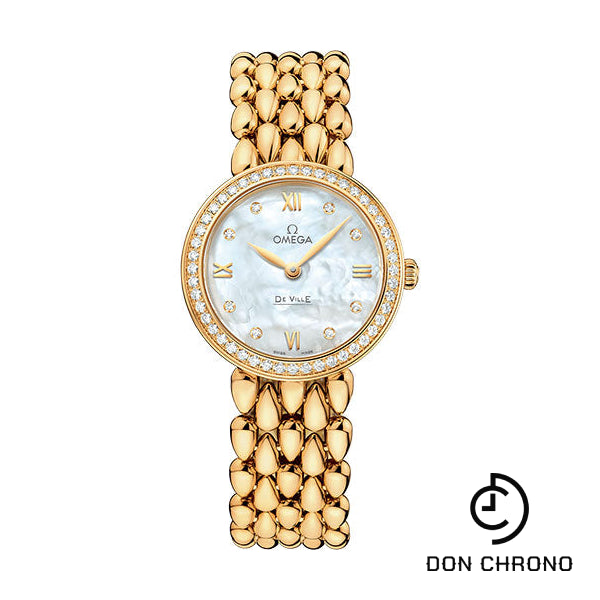 Omega De Ville Prestige Quartz Dewdrop Watch - 27.4 mm Yellow Gold Case - Radiant Diamond-Set Bezel - Mother-Of-Pearl Dial - 424.55.27.60.55.006