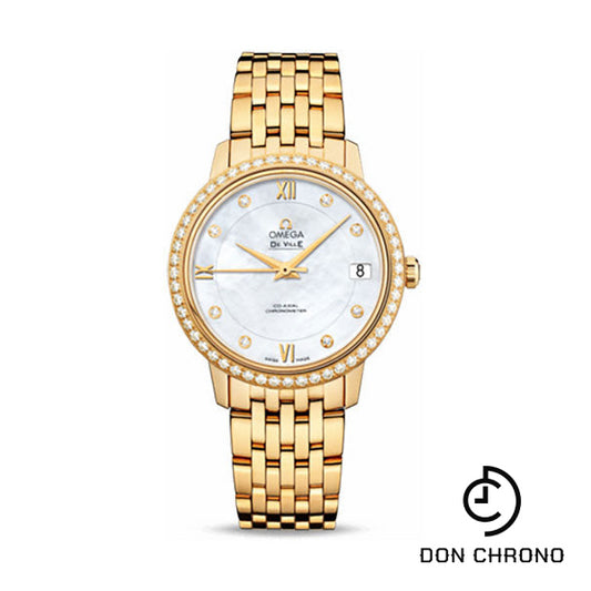 Omega De Ville Prestige Co-Axial Watch - 32.7 mm Yellow Gold Case - Diamond Bezel - Mother-Of-Pearl Diamond Dial - 424.55.33.20.55.001