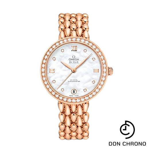 Omega De Ville Prestige Co-Axial Dewdrop Watch - 32.7 mm Red Gold Case - Radiant Diamond-Set Bezel - Ornate Dial - 424.55.33.20.55.007