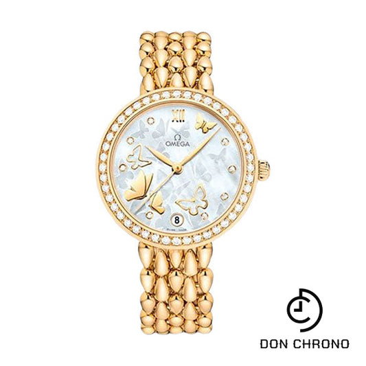 Omega De Ville Prestige Co-Axial Dewdrop Watch - 32.7 mm Yellow Gold Case - Delicate Diamond-Set Bezel - Ornate Dial - 424.55.33.20.55.008