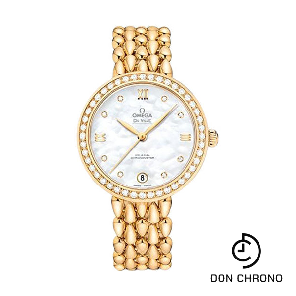 Omega De Ville Prestige Co-Axial Dewdrop Watch - 32.7 mm Yellow Gold Case - Radiant Diamond-Set Bezel - Ornate Dial - 424.55.33.20.55.009