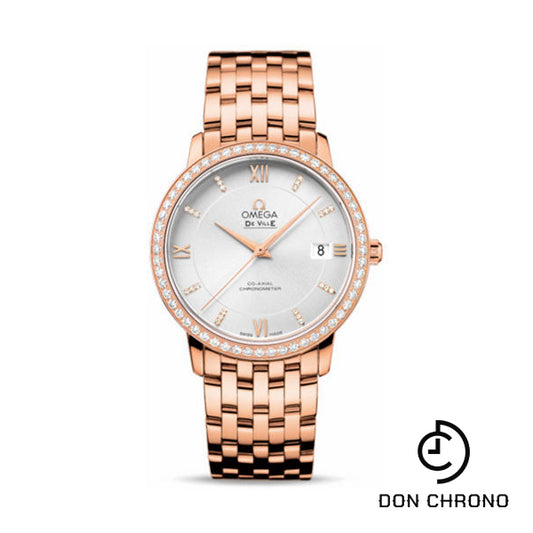 Omega De Ville Prestige Co-Axial Watch - 36.8 mm Red Gold Case - Diamond Bezel - Silver Diamond Dial - 424.55.37.20.52.001