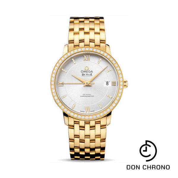 Omega De Ville Prestige Co-Axial Watch - 36.8 mm Yellow Gold Case - Diamond Bezel - Silver Diamond Dial - 424.55.37.20.52.002