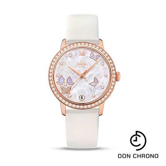 Omega De Ville Prestige Co-Axial Watch - 36.8 mm Red Gold Case - Diamond Bezel - Mother-Of-Pearl Diamond Dial - White Leather Strap - 424.57.33.20.55.002