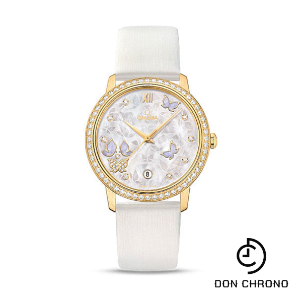 Omega De Ville Prestige Co-Axial Watch - 36.8 mm Yellow Gold Case - Diamond Bezel - Mother-Of-Pearl Diamond Dial - White Leather Strap - 424.57.37.20.55.001