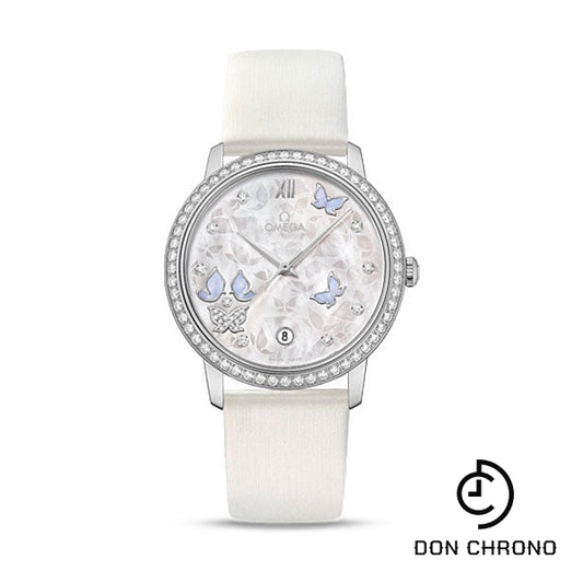 Omega De Ville Prestige Co-Axial Watch - 36.8 mm White Gold Case - Diamond Bezel - Mother-Of-Pearl Diamond Dial - White Leather Strap - 424.57.37.20.55.002