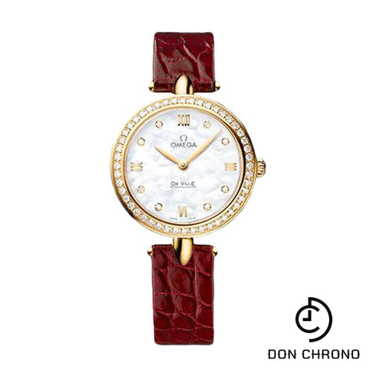 Omega De Ville Prestige Quartz Dewdrop Watch - 27.4 mm Yellow Gold Case - Radiant Diamond Paved Bezel - Mother-Of-Pearl Dial - Red Leather Strap - 424.58.27.60.55.001