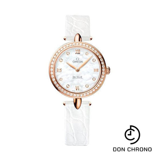 Omega De Ville Prestige Quartz Dewdrop Watch - 27.4 mm Red Gold Case - Radiant Diamond Paved Bezel - Mother-Of-Pearl Dial - White Leather Strap - 424.58.27.60.55.002