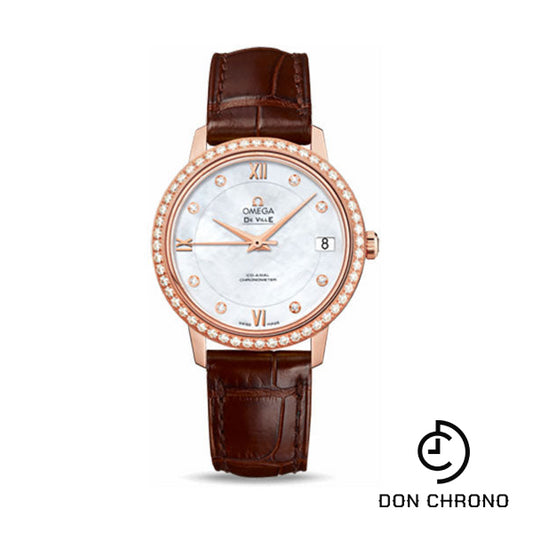 Omega De Ville Prestige Co-Axial Watch - 32.7 mm Red Gold Case - Diamond Bezel - Mother-Of-Pearl Diamond Dial - Brown Leather Strap - 424.58.33.20.55.001