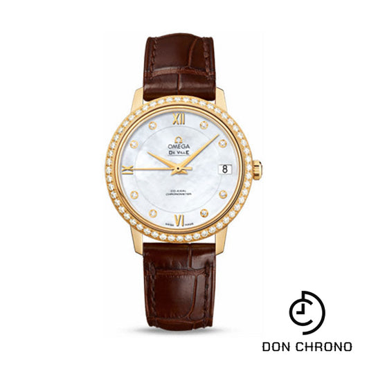 Omega De Ville Prestige Co-Axial Watch - 32.7 mm Yellow Gold Case - Diamond Bezel - Mother-Of-Pearl Diamond Dial - Brown Leather Strap - 424.58.33.20.55.002