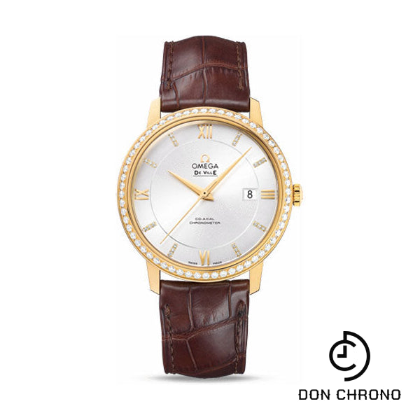 Omega De Ville Prestige Co-Axial Watch - 39.5 mm Yellow Gold Case - Diamond Bezel - Silver Diamond Dial - Brown Leather Strap - 424.58.40.20.52.001