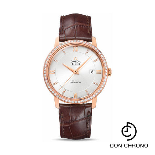 Omega De Ville Prestige Co-Axial Watch - 39.5 mm Red Gold Case - Diamond Bezel - Silver Diamond Dial - Brown Leather Strap - 424.58.40.20.52.002