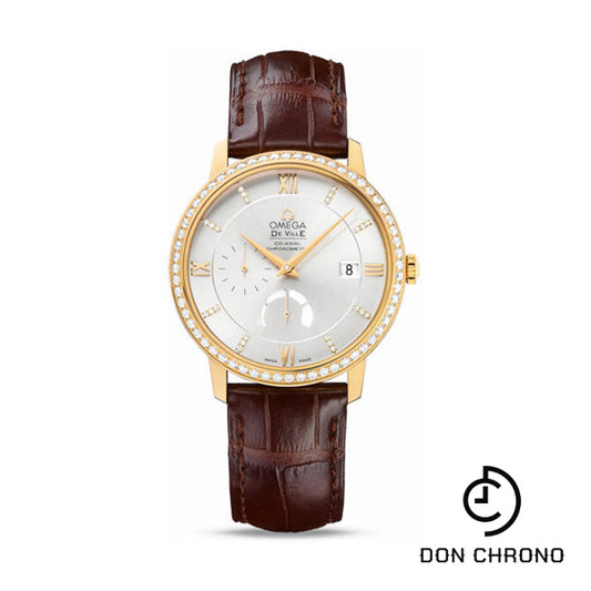 Omega De Ville Prestige Power Reserver Co-Axial Watch - 39.5 mm Yellow Gold Case - Diamond Bezel - Silver Diamond Dial - Brown Leather Strap - 424.58.40.21.52.001