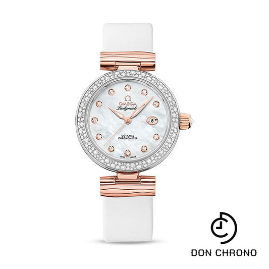 Omega De Ville Ladymatic Omega Co-Axial Watch - 34 mm Steel - Sedna Gold Case - Diamond Bezel - White Diamond Dial - White Leather Strap - 425.27.34.20.55.004