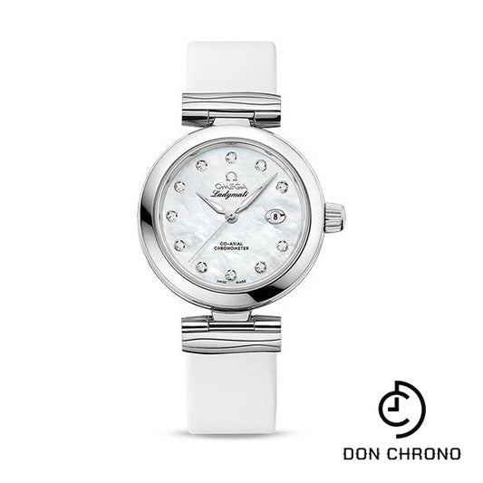Omega De Ville Ladymatic Omega Co-Axial Watch - 34 mm Steel Case - White Diamond Dial - White Leather Strap - 425.32.34.20.55.002
