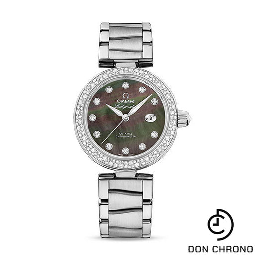 Omega De Ville Ladymatic Omega Co-Axial Watch - 34 mm Steel Case - Diamond Bezel - Black Diamond Dial - 425.35.34.20.57.004