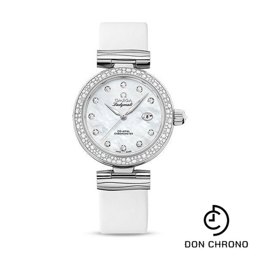 Omega De Ville Ladymatic Omega Co-Axial Watch - 34 mm Steel Case - Diamond Bezel - White Diamond Dial - White Leather Strap - 425.37.34.20.55.002