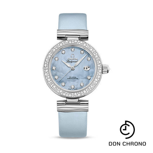 Omega De Ville Ladymatic Omega Co-Axial Watch - 34 mm Steel Case - Diamond Bezel - Blue Diamond Dial - Blue Leather Strap - 425.37.34.20.57.003