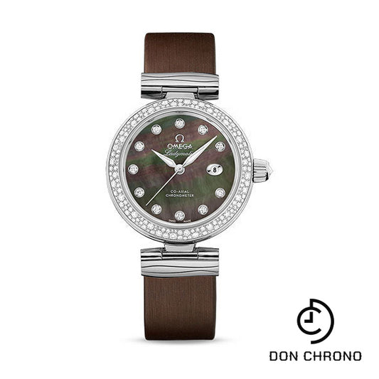 Omega De Ville Ladymatic Omega Co-Axial Watch - 34 mm Steel Case - Diamond Bezel - Black Diamond Dial - Grey Leather Strap - 425.37.34.20.57.004