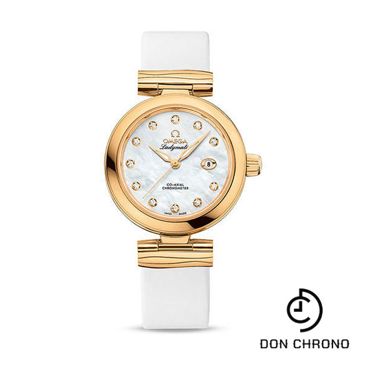 Omega De Ville Ladymatic Omega Co-Axial Watch - 34 mm Yellow Gold Case - White Diamond Dial - White Leather Strap - 425.62.34.20.55.003