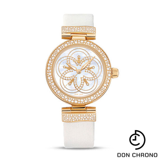 Omega Ladies De Ville Ladymatic Watch - 34 mm Yellow Gold Case - Snow-Set Diamond Paved Bezel - Mother-Of-Pearl Marquetry Diamond Dial - White Leather Strap - 425.67.34.20.55.005