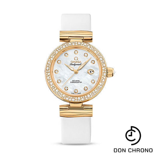 Omega De Ville Ladymatic Omega Co-Axial Watch - 34 mm Yellow Gold Case - Diamond Bezel - White Diamond Dial - White Leather Strap - 425.67.34.20.55.007