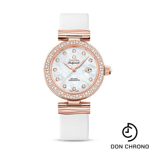 Omega De Ville Ladymatic Omega Co-Axial Watch - 34 mm Sedna Gold Case - Diamond Bezel - White Diamond Dial - White Leather Strap - 425.67.34.20.55.008