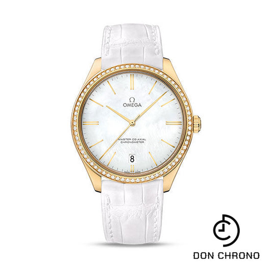 Omega De Ville Tresor Omega Master Co-Axial Watch - 40 mm Yellow Gold Case - Diamond Bezel - White Dial - White Leather Strap - 432.58.40.21.05.002