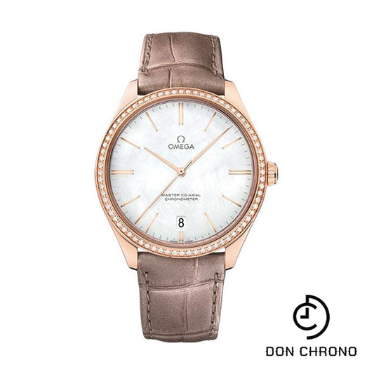 Omega De Ville Tresor Master Co-Axial Watch - 40 mm Sedna Gold Case - Diamond-Set Bezel - Domed Mother-Of-Pearl Dial - Brown Leather Strap - 432.58.40.21.05.003